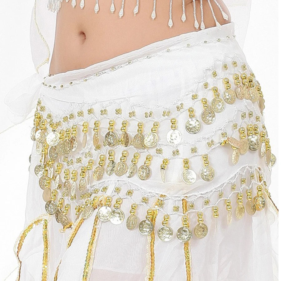 White belly dance hip scarf with gold coins and beads, sheer fabric detail, costume accessory