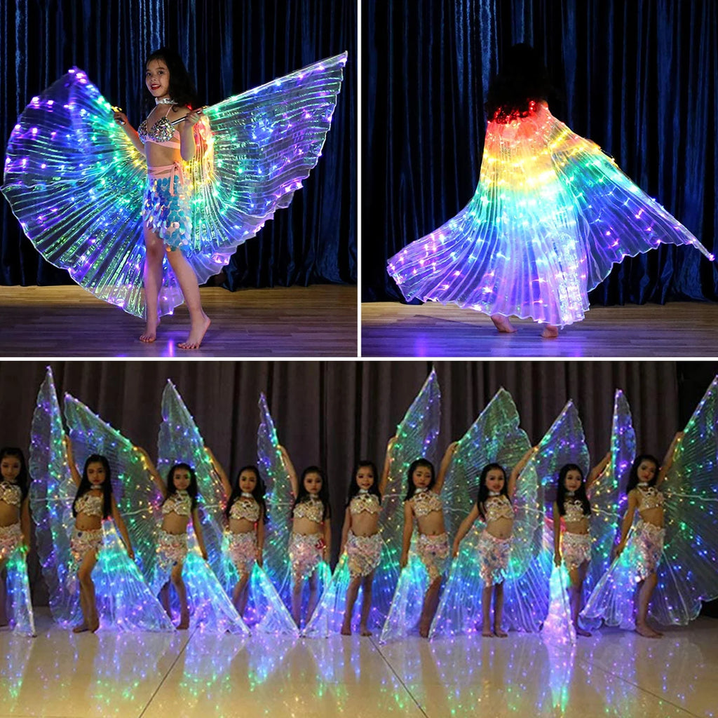 Children performing in illuminated LED light up butterfly wings costumes, colorful dance outfits