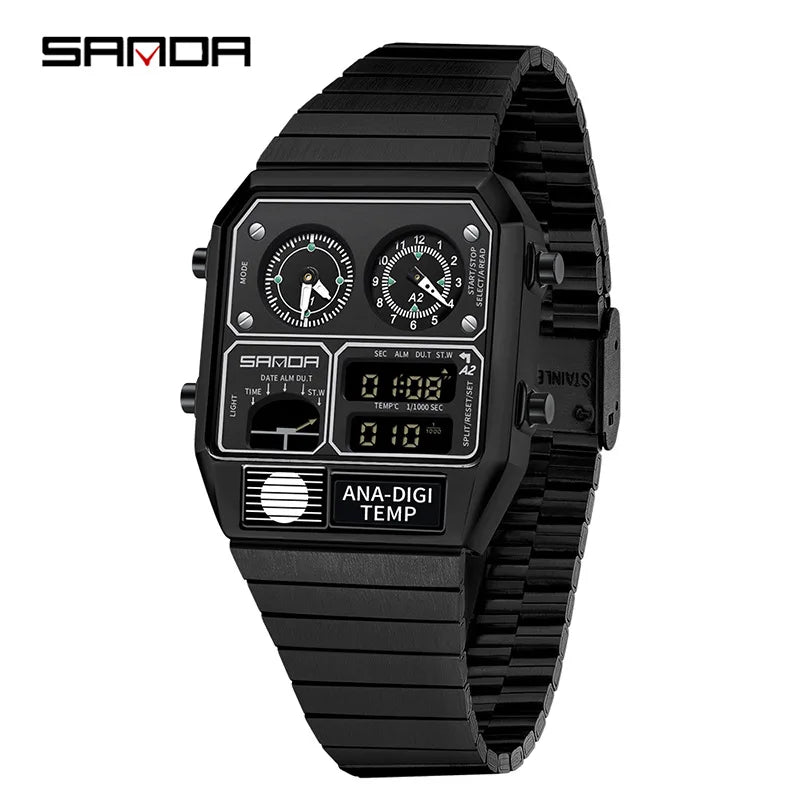 Square Stainless Steel Digital Watch – Temperature Gauge for Men's Sports