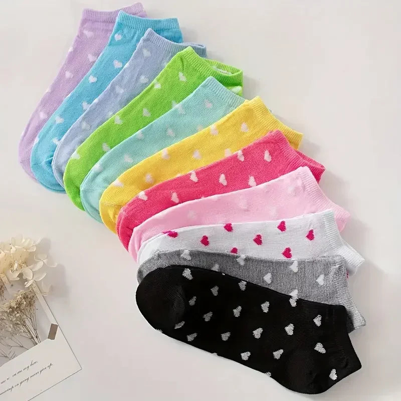 Heart Print Ankle Socks – Candy Colored Cotton Hosiery for Valentine's Day