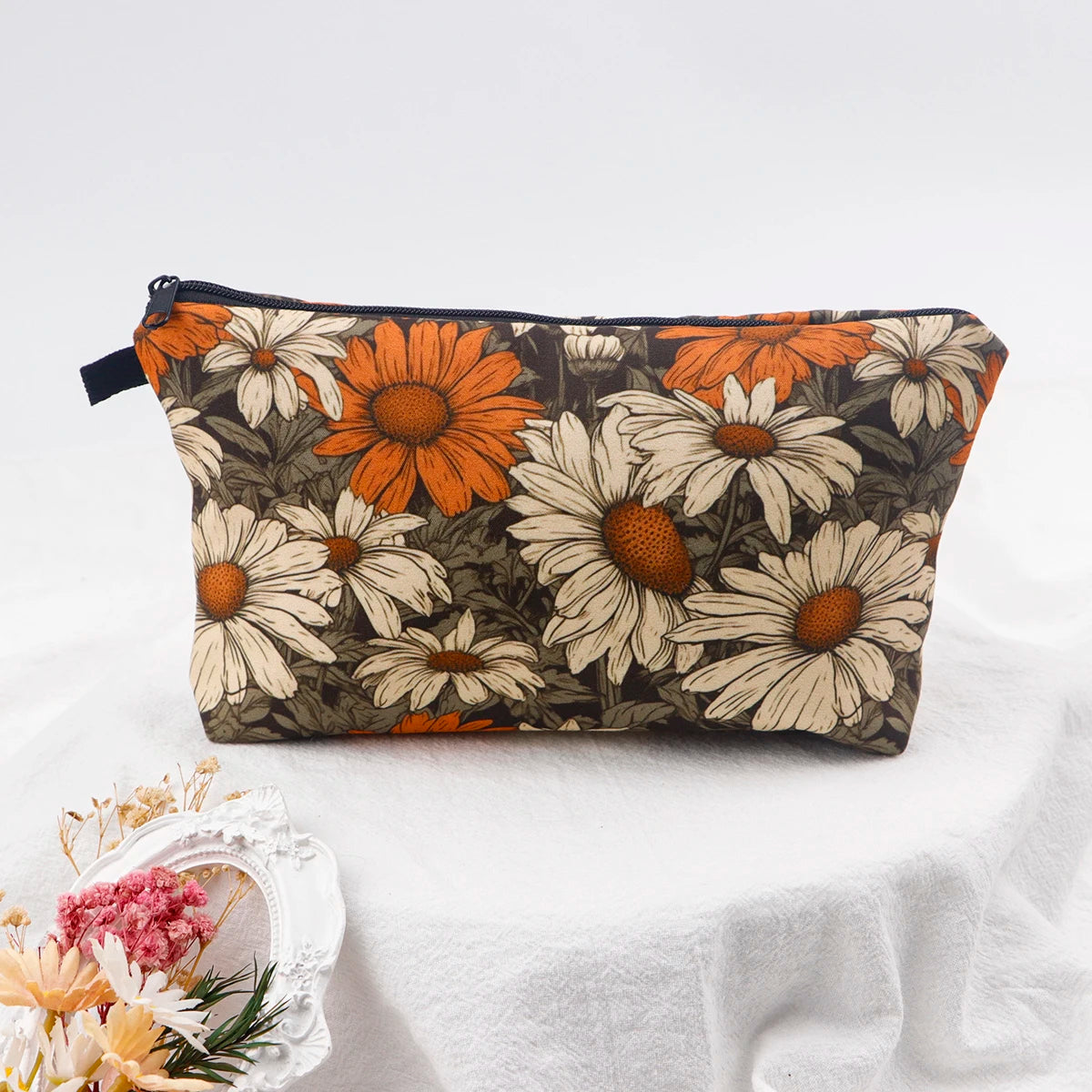 Floral Zipper Makeup Bag – Portable Travel Cosmetic Organizer for Women