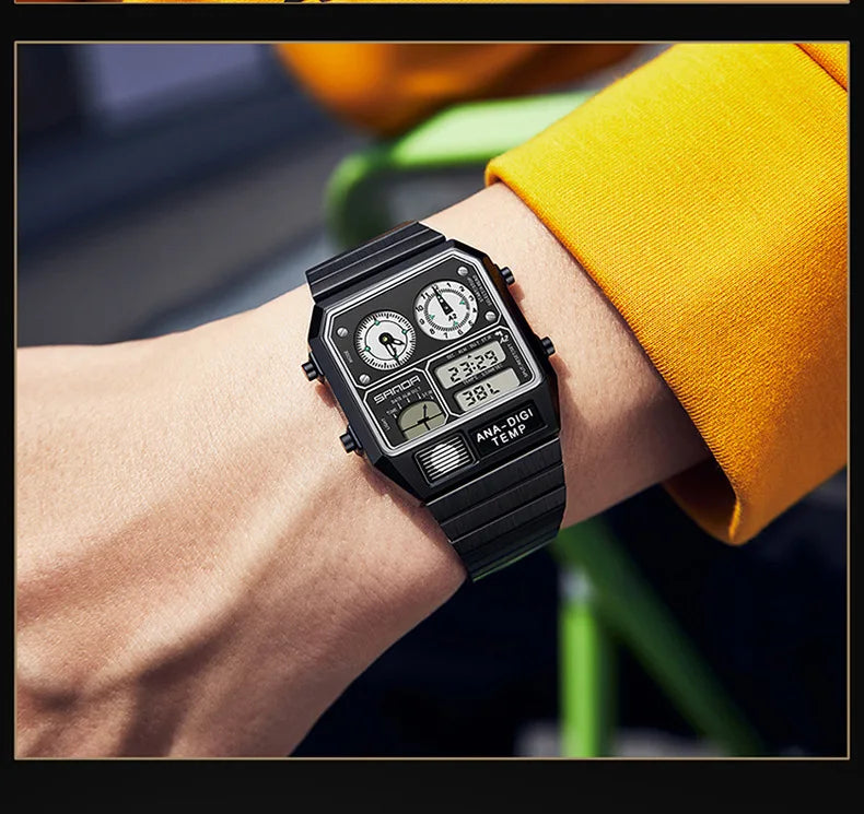 Square Stainless Steel Digital Watch – Temperature Gauge for Men's Sports
