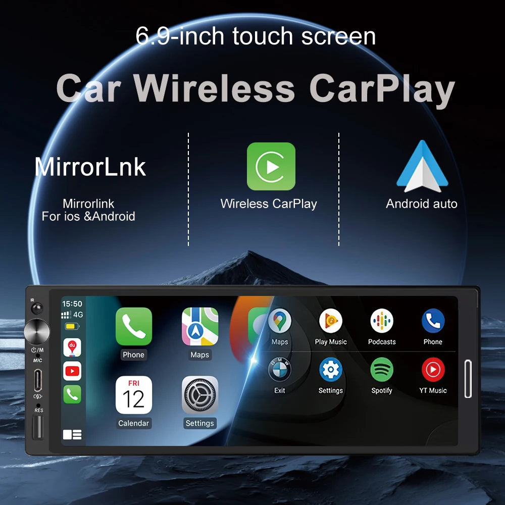 6.9 Inch 1 Din Car Radio – Wireless CarPlay and Android Auto Multimedia