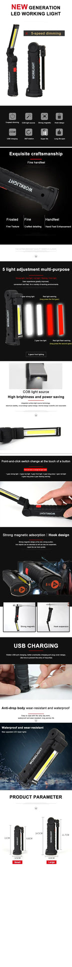 Rechargeable Magnetic Work Light – 360 Rotating Flashlight for Repair Camping