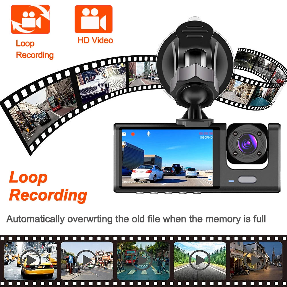 Triple Lens Dash Cam – 1080P Front and Rear Vehicle Recorder for Night Vision