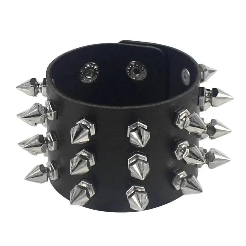 Studded Faux Leather Cuff Bracelet – Adjustable Spike Rivet Punk Cosplay