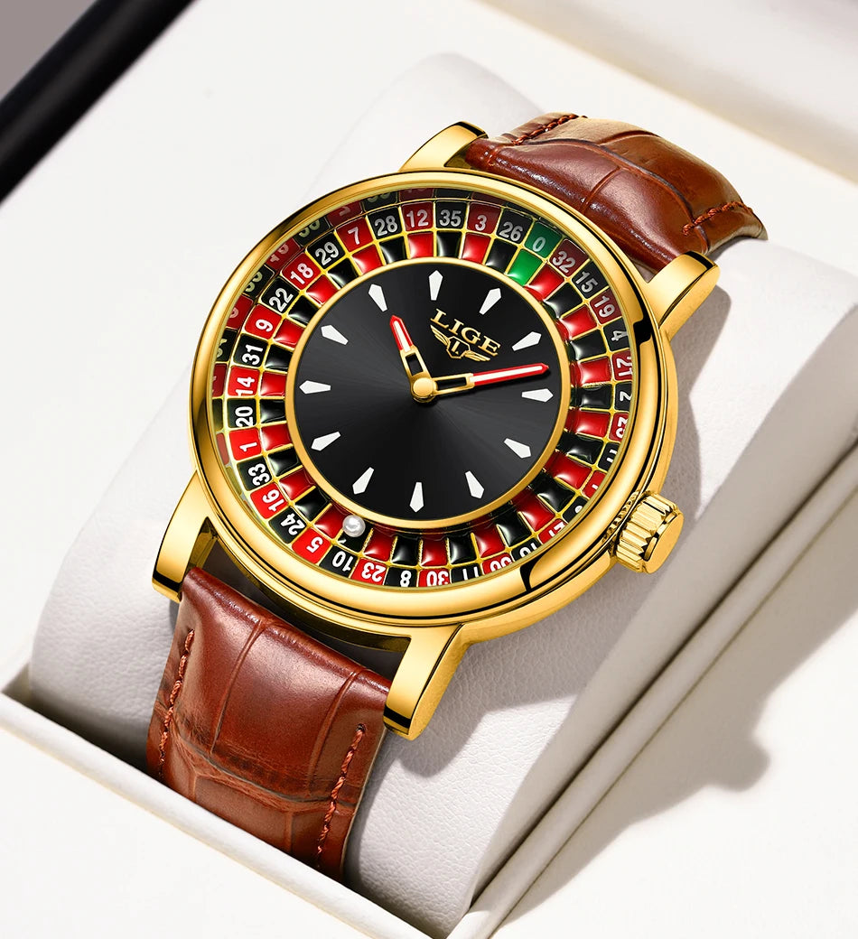 LIGE Roulette Quartz Watch – Luxury Leather Wristwatch for Men Gifts