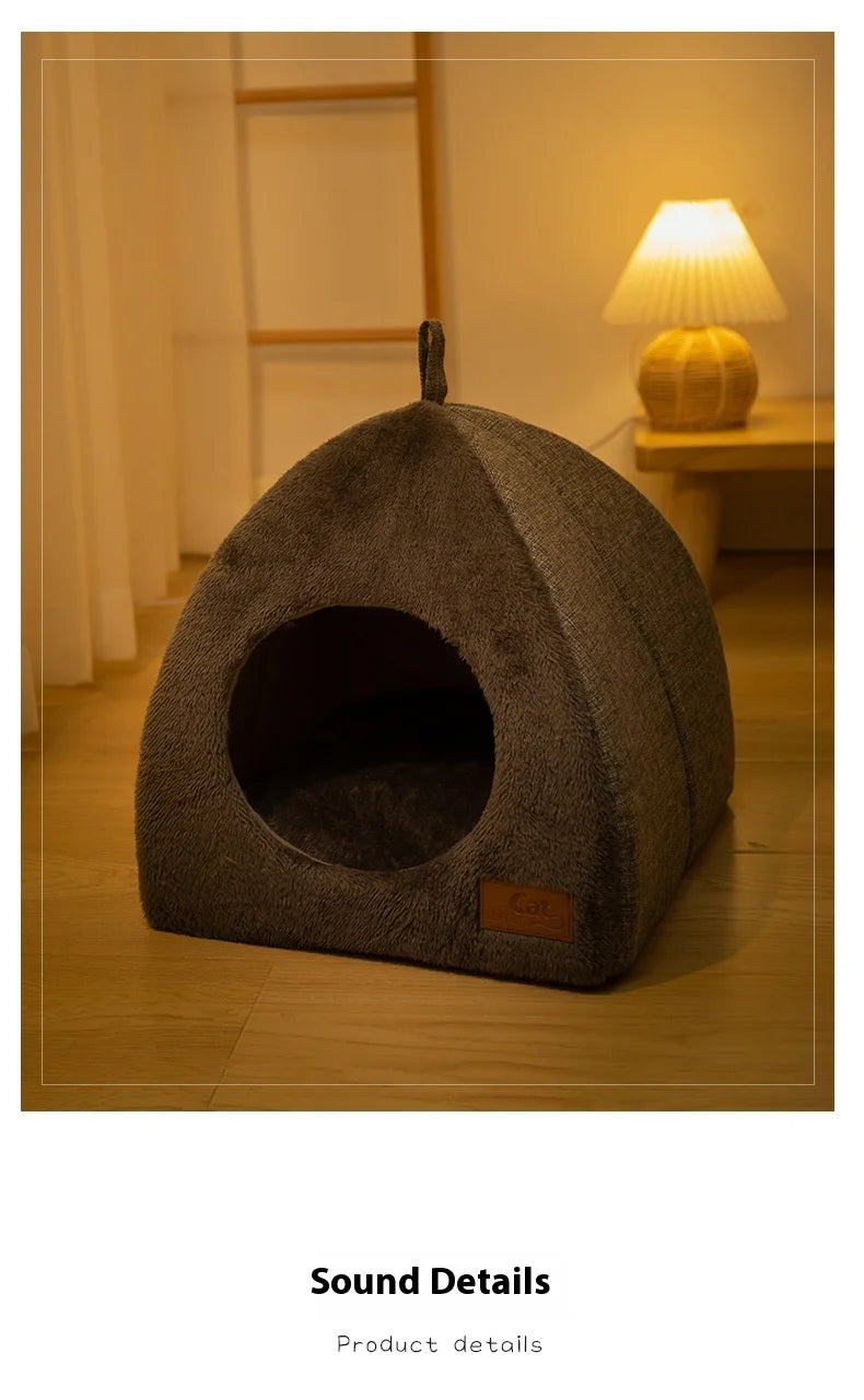 Enclosed Triangle Cat Bed – Warm Plush House for Indoor Winter Sleep