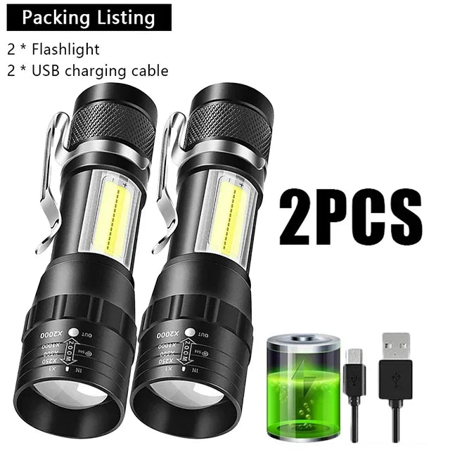 USB Rechargeable Mini Flashlight – Zoomable COB Torch for Camping and Emergency