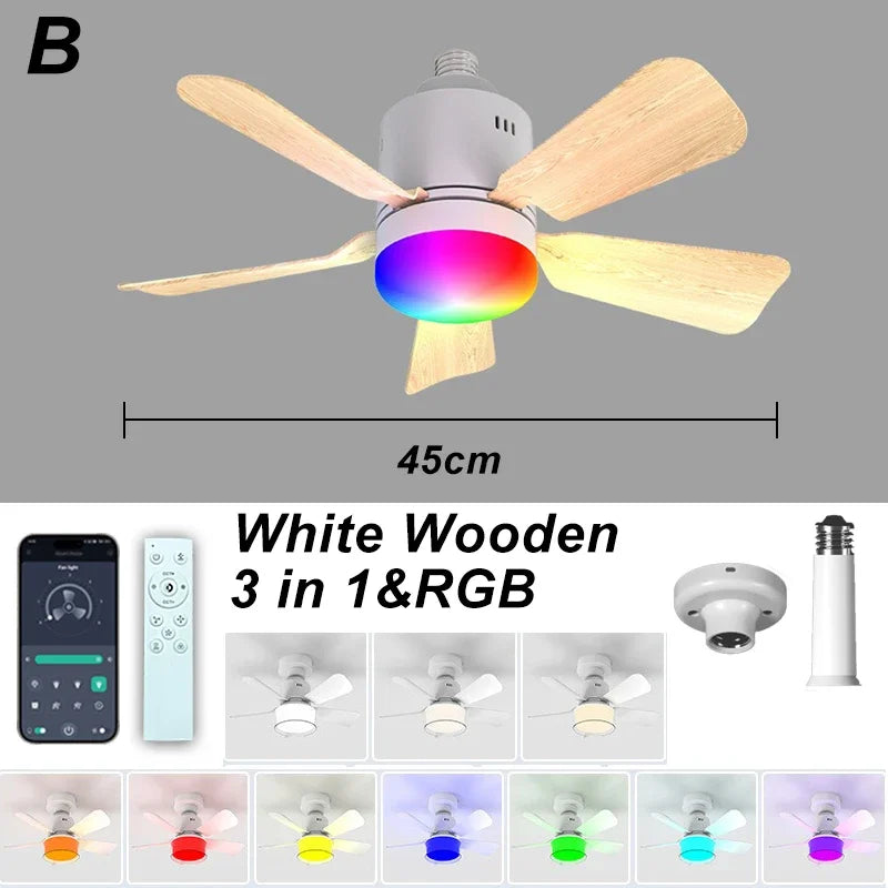 Smart RGB Ceiling Fan – E27 Bluetooth Lamp for Bedroom Decor