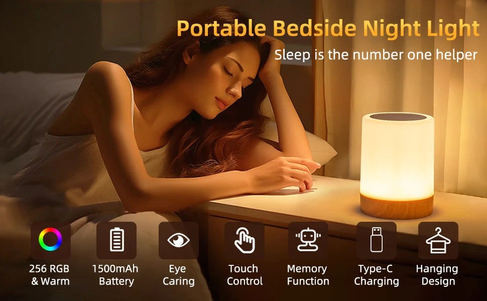 Smart RGB Touch Bedside Lamp – USB Rechargeable Night Light for Bedroom Decor