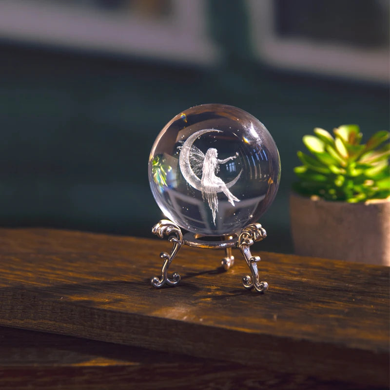 3D Laser Engraved Crystal Moon Fairy Ball – Decorative Figurine for Home