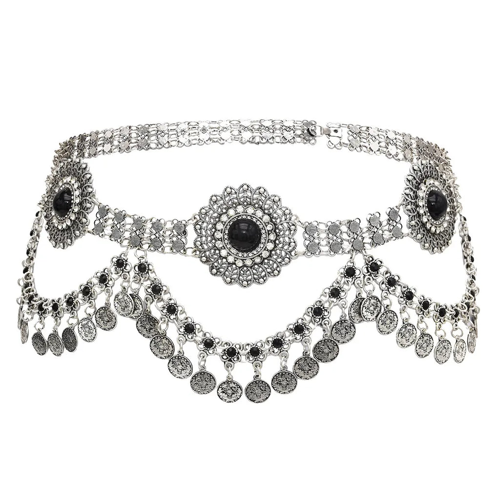 Boho statement silver waist chain belt with black gemstone accents and coin charms