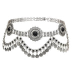 Boho statement silver waist chain belt with black gemstone accents and coin charms