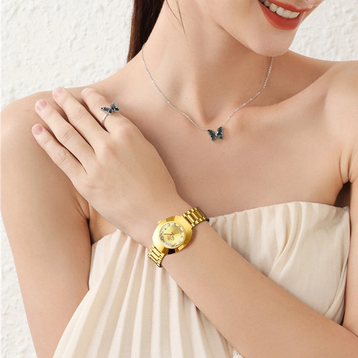 Oval Stainless Steel Women’s Watch – 34mm Gold Diamond Dress for Banquet