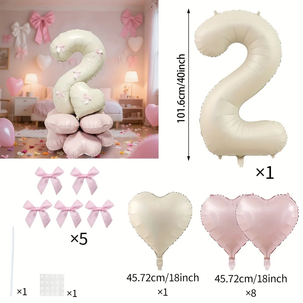 40-Inch Cream White Number Balloon Set – Heart Foil Decor for Kids Birthday