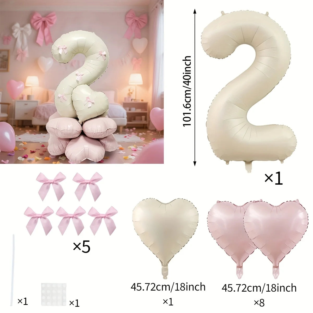40-Inch Cream White Number Balloon Set – Heart Foil Decor for Kids Birthday