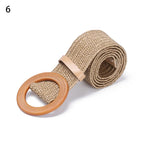 Woven Straw Waist Belt – Round Wooden Buckle for Summer Dress Accessories