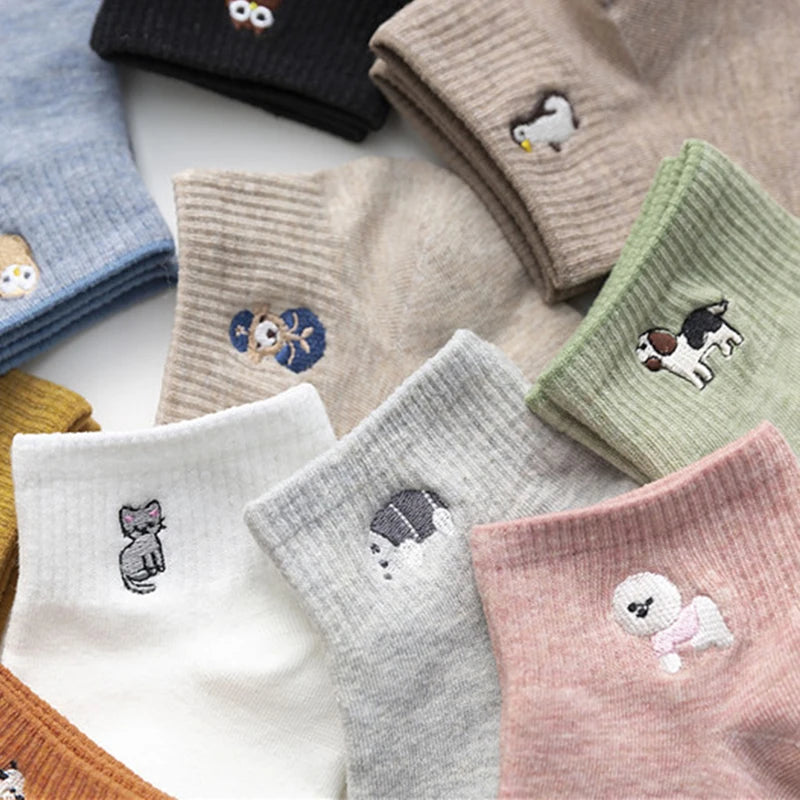 Embroidered Animal Cotton Socks – Soft Cartoon Crew Socks for Casual Daily Wear