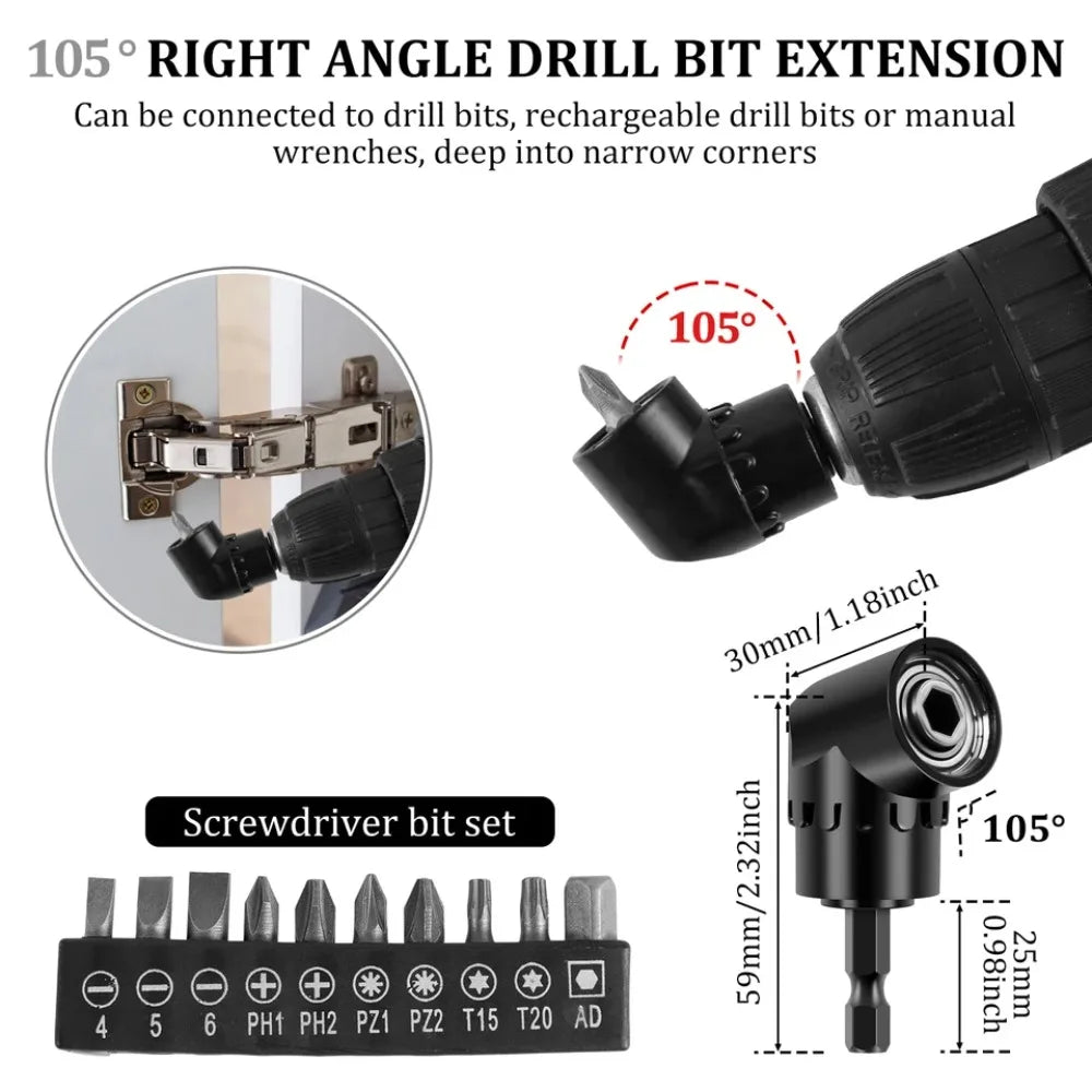 Flexible Drill Bit Extension Set – 105° Right Angle Adapter for Power Tools