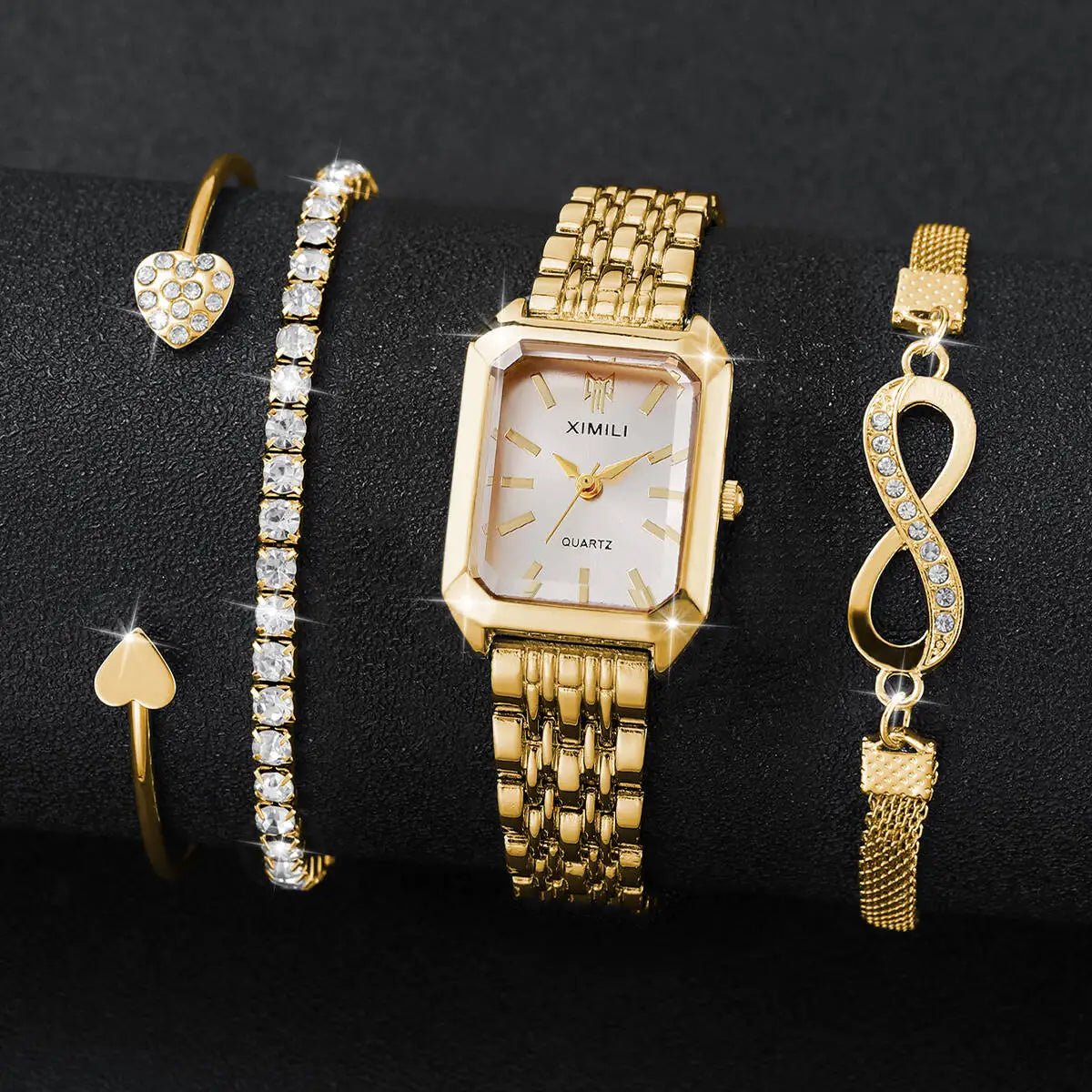 Rhinestone Rectangle Women Watches – Stainless Steel Luxury Quartz Jewelry Set