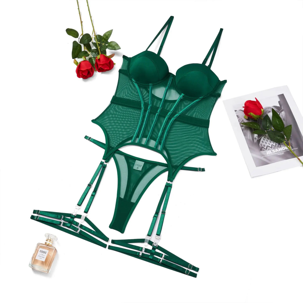 Mesh Lingerie Bodysuit Set – Backless Lace 3 Piece Lingerie for Women