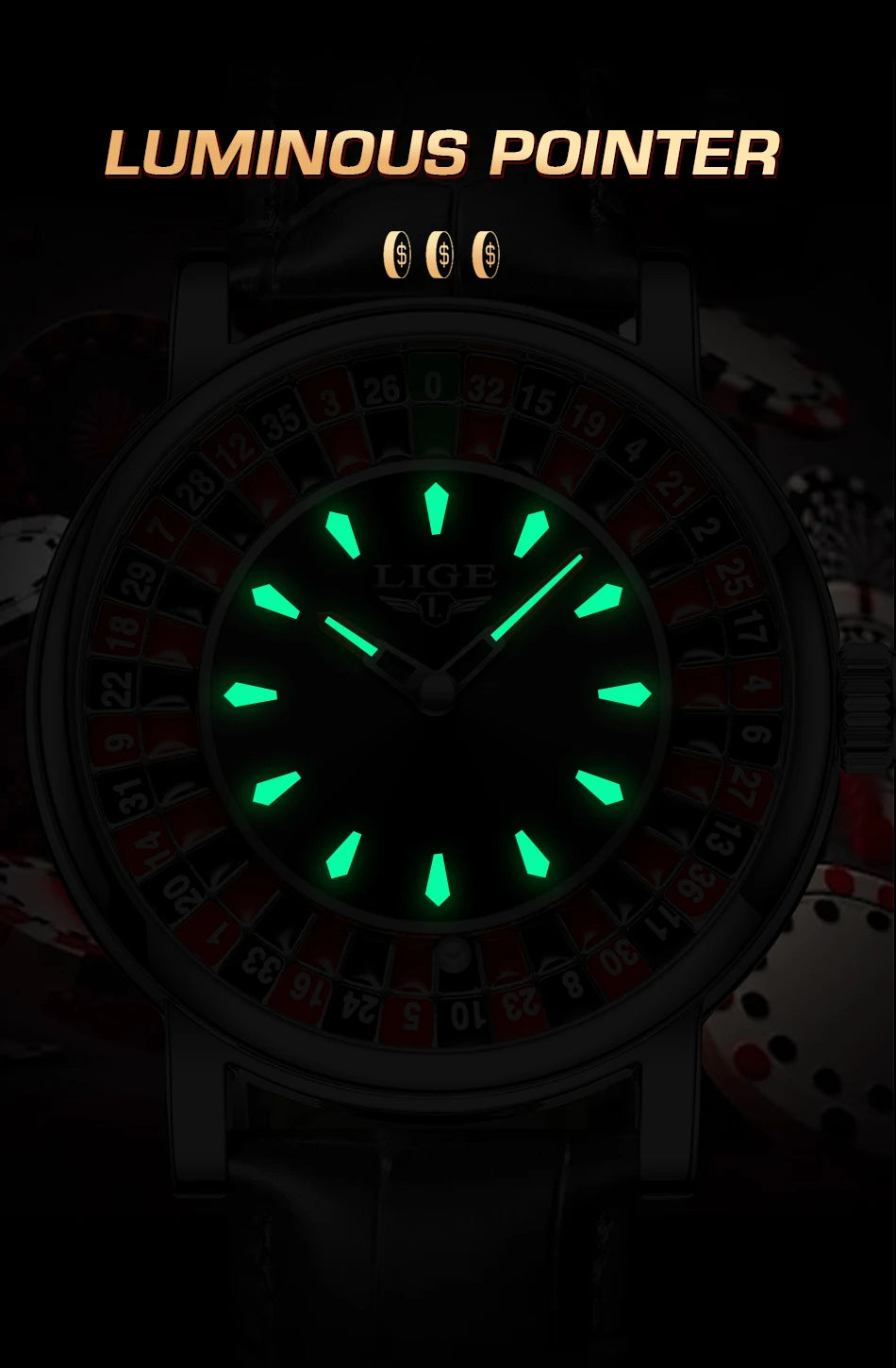 LIGE Roulette Quartz Watch – Luxury Leather Wristwatch for Men Gifts