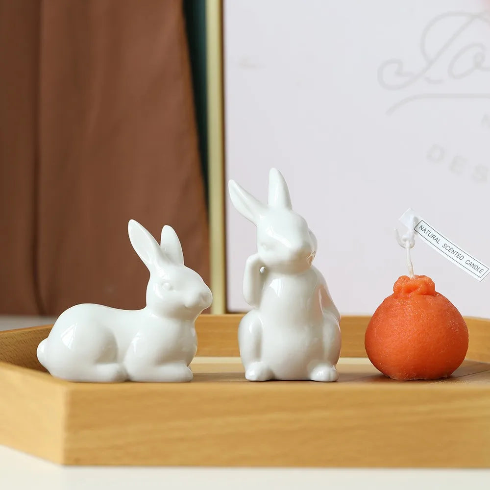 Ceramic Rabbit Figurine – White Porcelain Bunny Decor for Home Office