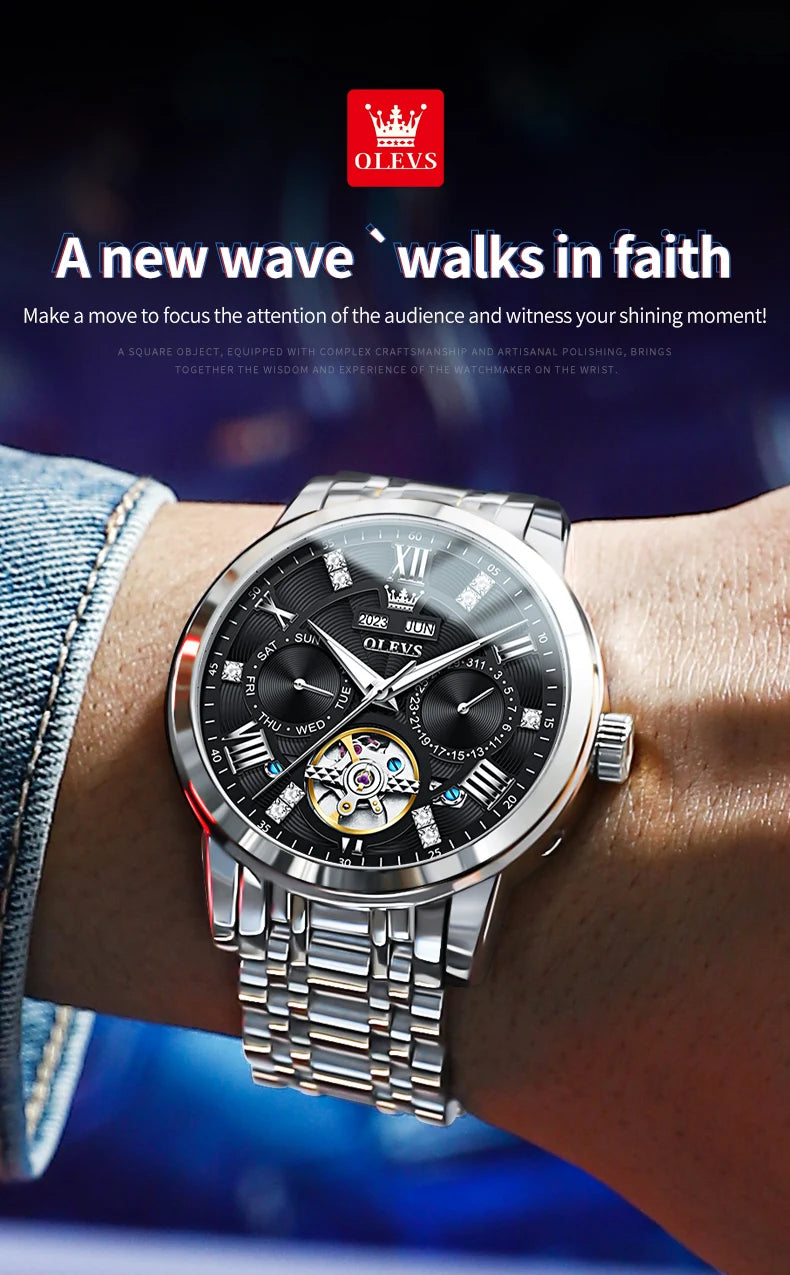 OLEVS Automatic Mechanical Watch – Skeleton Flywheel for Men's Business Wear