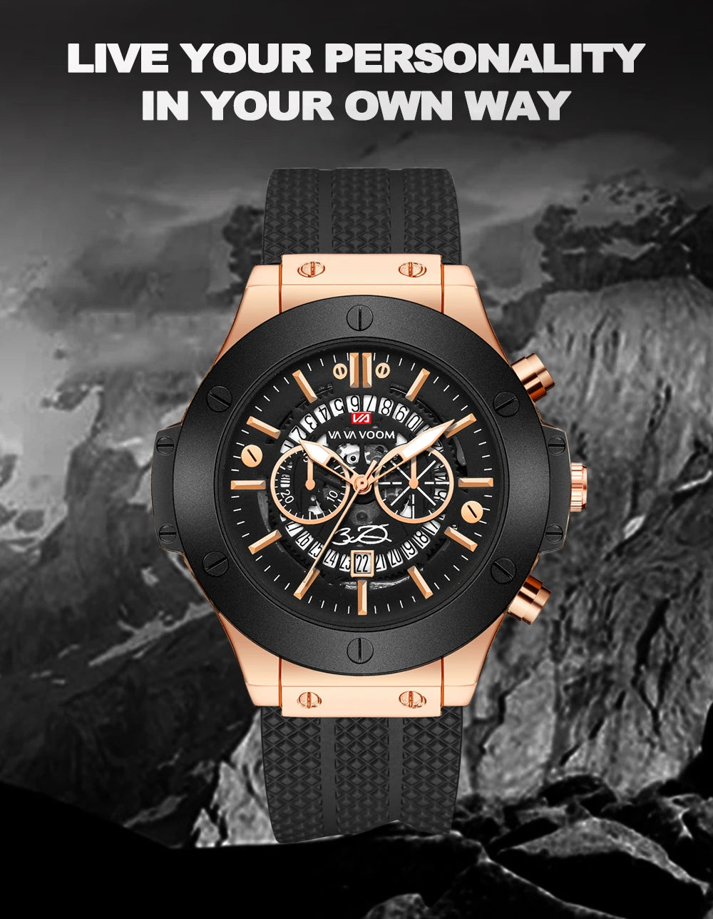 Mens Rose Gold Silicone Sports Watch – 46mm Hollow Dial for Daily Fashion