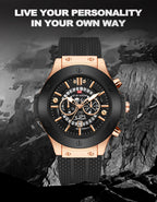 Mens Rose Gold Silicone Sports Watch – 46mm Hollow Dial for Daily Fashion