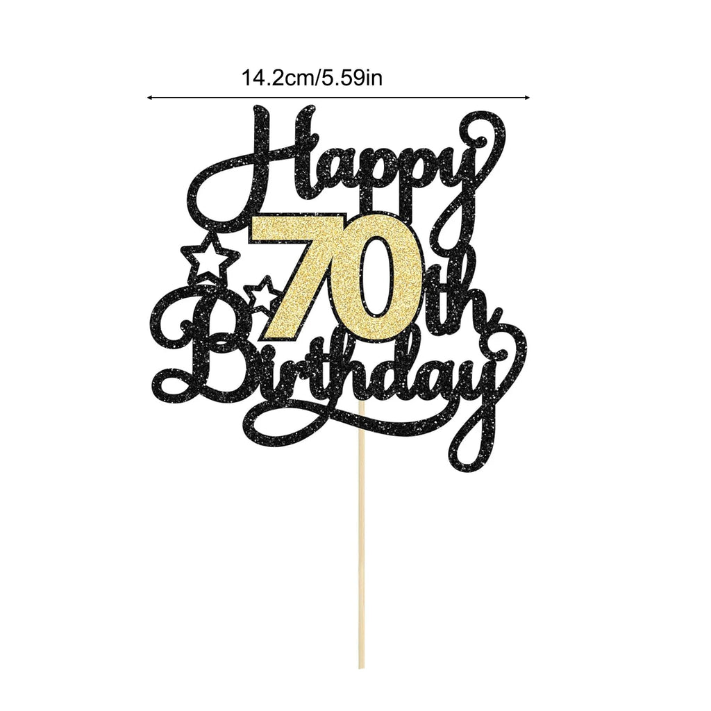 Black and Gold Glitter Cake Topper – Cheers to 70 Years for Birthday Parties