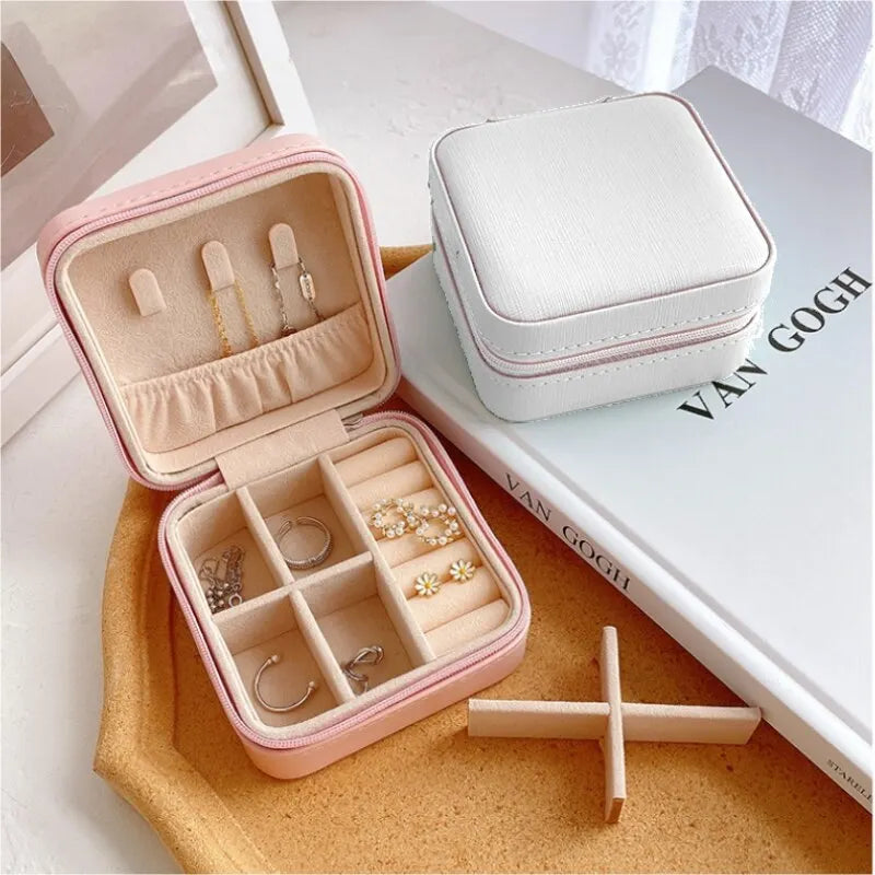 Leather Double Jewelry Box – Zippered Grid Organizer for Travel Storage