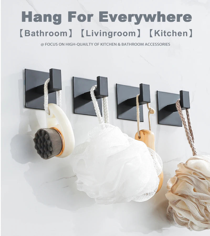Adhesive Wall Hooks – Heavy Duty Black Hangers for Bathroom and Kitchen