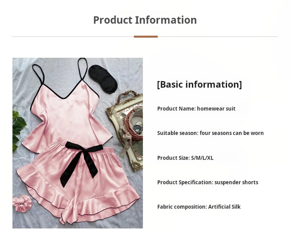 Satin V-Neck Pajama Set – Ruffled Bow Shorts for Loungewear and Sleep