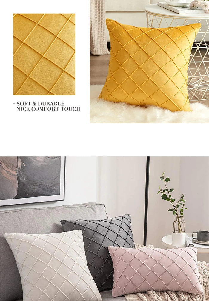 Navy Blue Velvet Plaid Cushion Cover – 45x45cm Throw Pillow for Home Decor