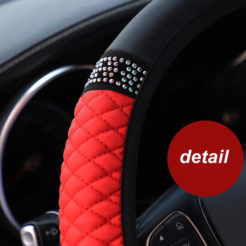 Embroidered Diamond Steering Wheel Cover – Universal Leather for Car Interior