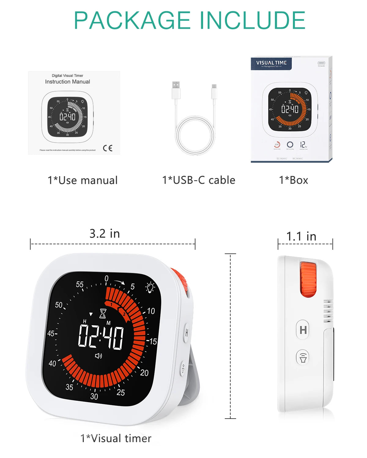 Rechargeable Visual Timer – Digital Countdown Tool for Kitchen School Office