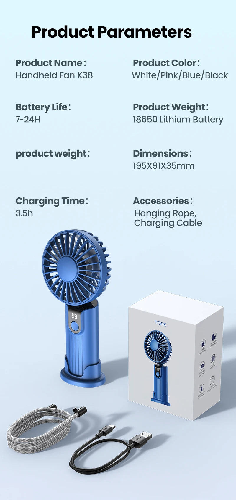 Portable Handheld USB Fan – 5000mAh Rechargeable Desk Fan for Outdoor Travel