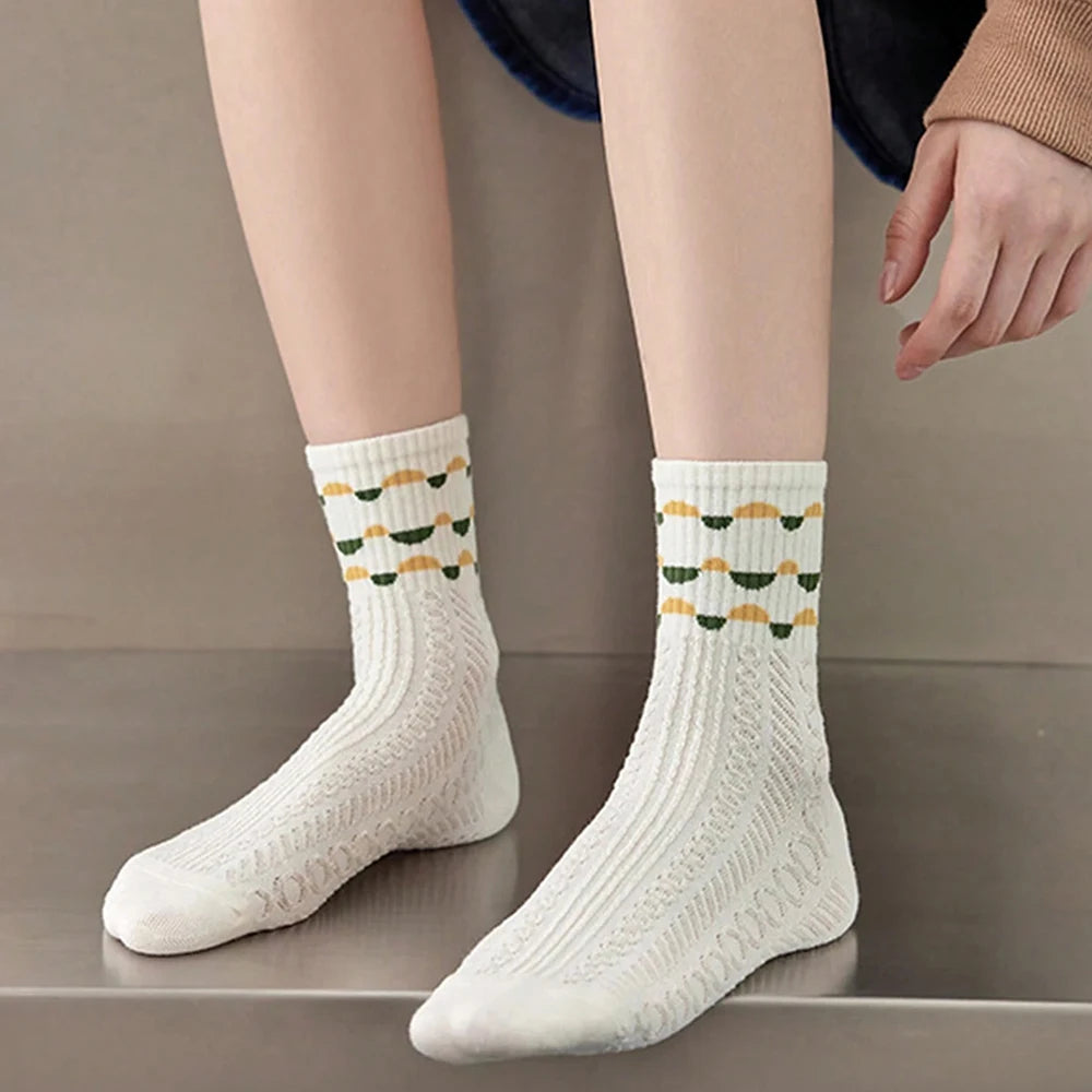 Cartoon Print Mid-Length Socks – Soft Cotton Casual Wear for Women