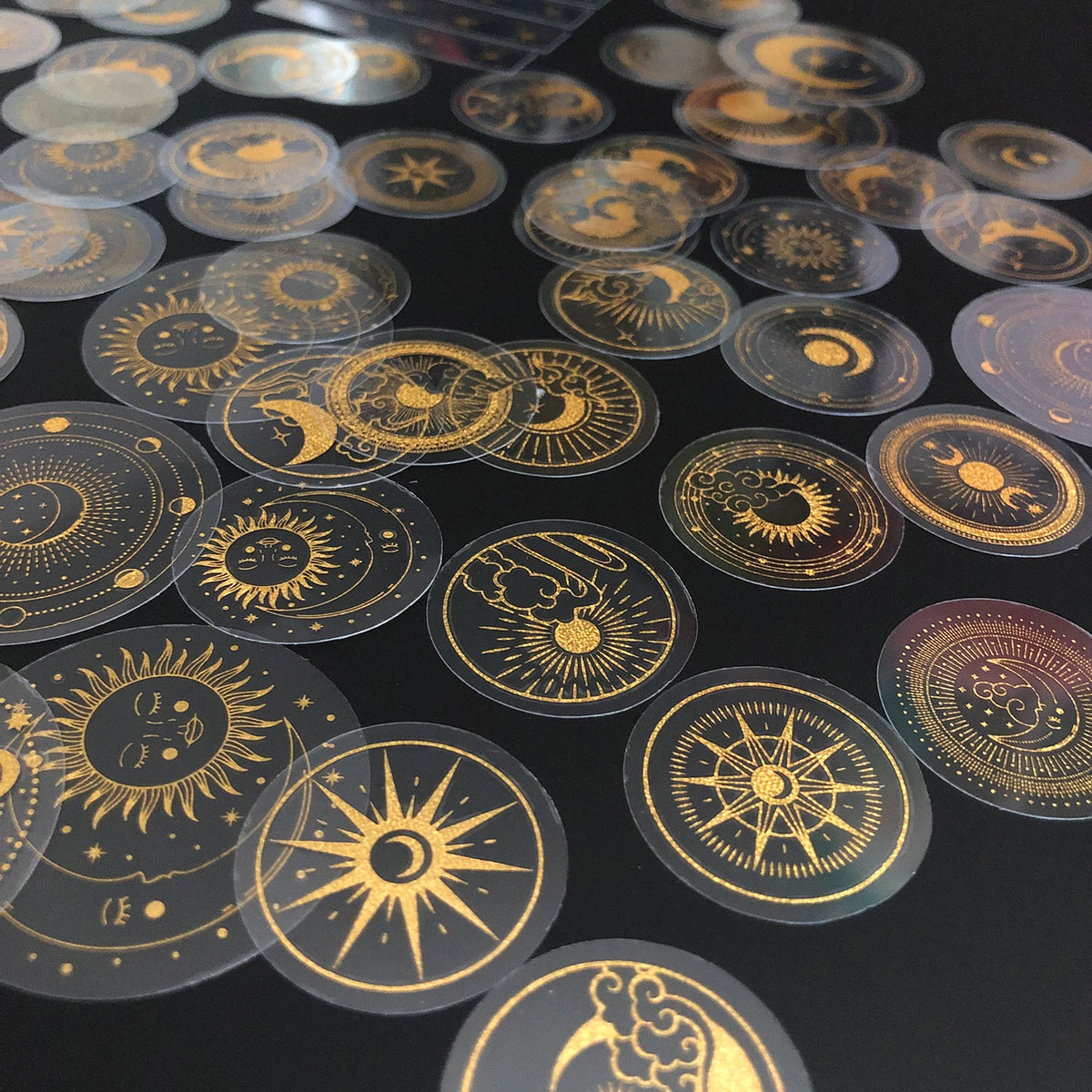 Glitter Gold PET Adhesive Stickers – Celestial Stars and Moon for Journaling
