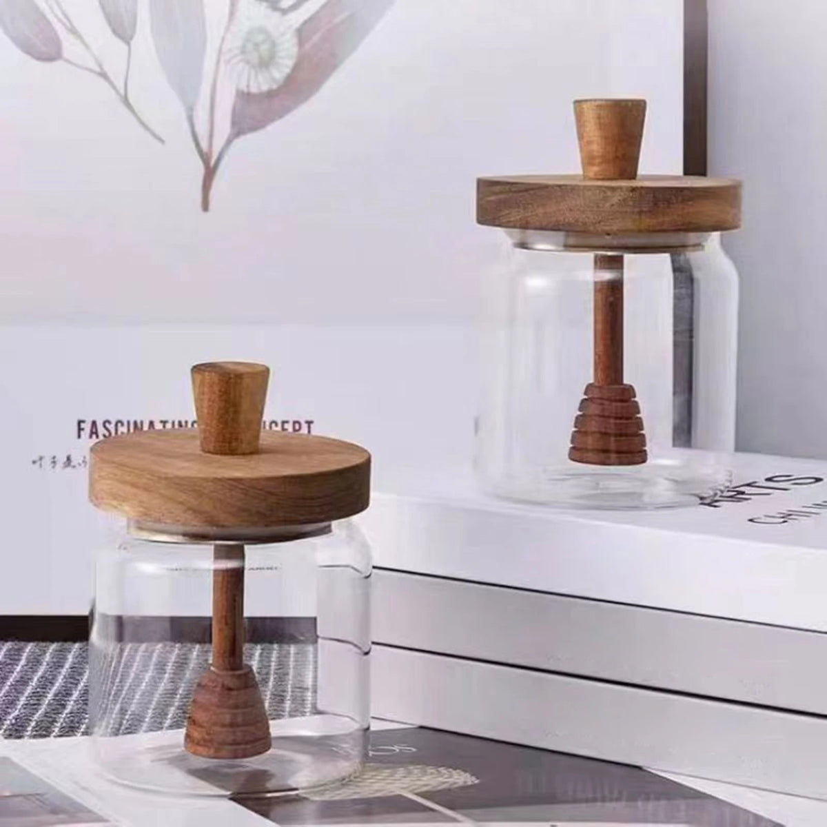 Glass Honey Dispenser – Wide Mouth Jar with Dipper for Syrup Storage