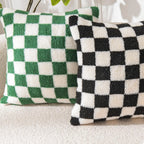 Black Faux Fur Throw Pillow Cover – Checked Wool Cushion for Sofa Decor