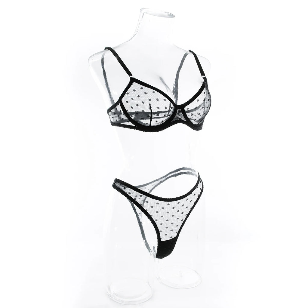 Polka Dot Mesh Lingerie Set – Sheer Underwire Bra and G-String for Women