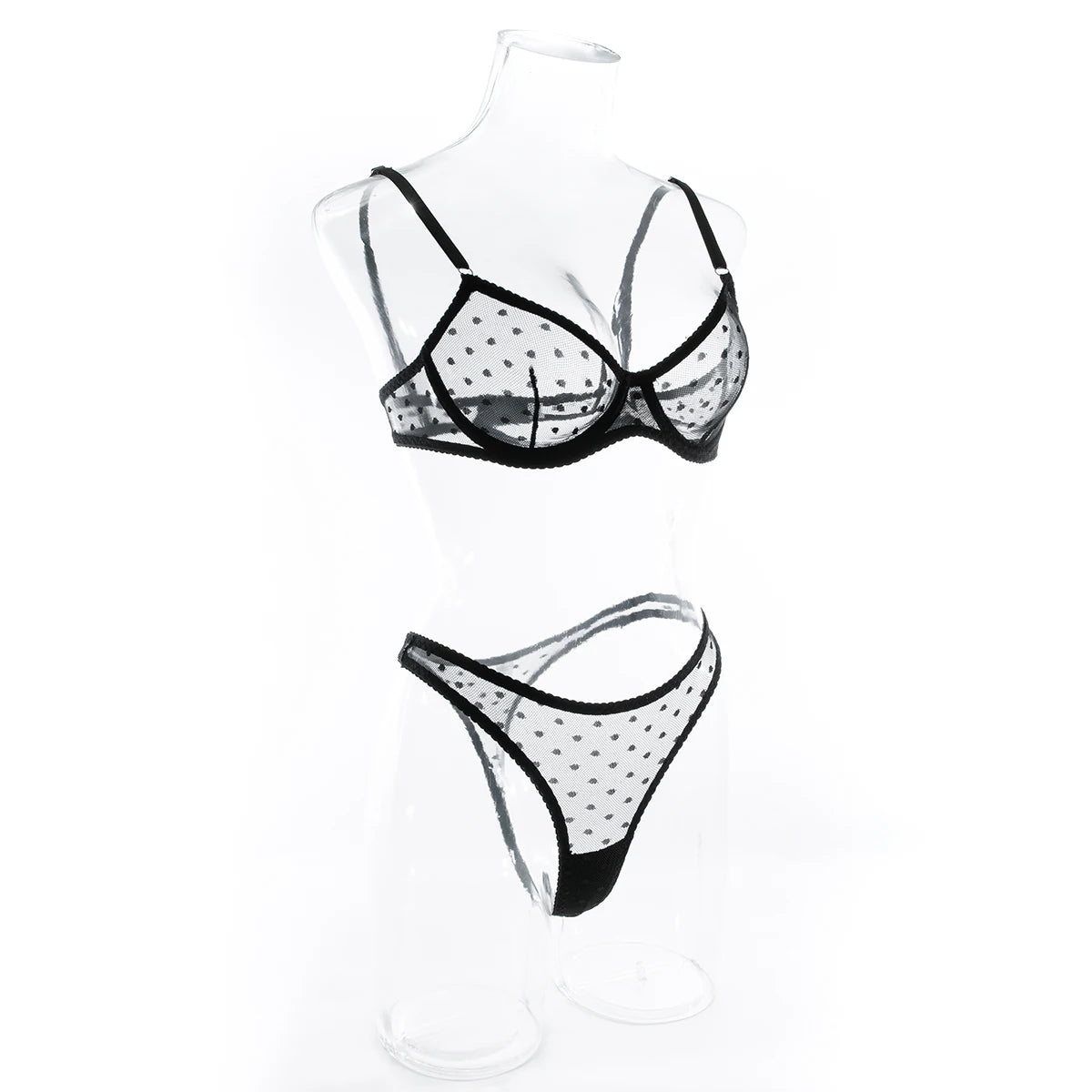 Polka Dot Mesh Lingerie Set – Sheer Underwire Bra and G-String for Women