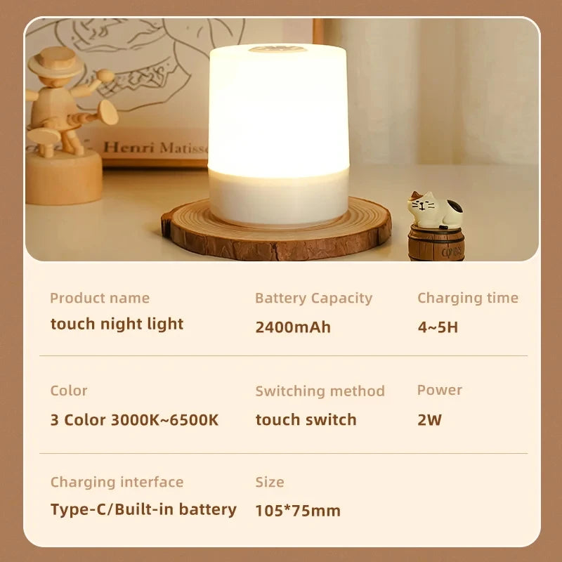 Dimmable Touch Night Lamp – USB Bedside Light for Kids Bedroom Decor