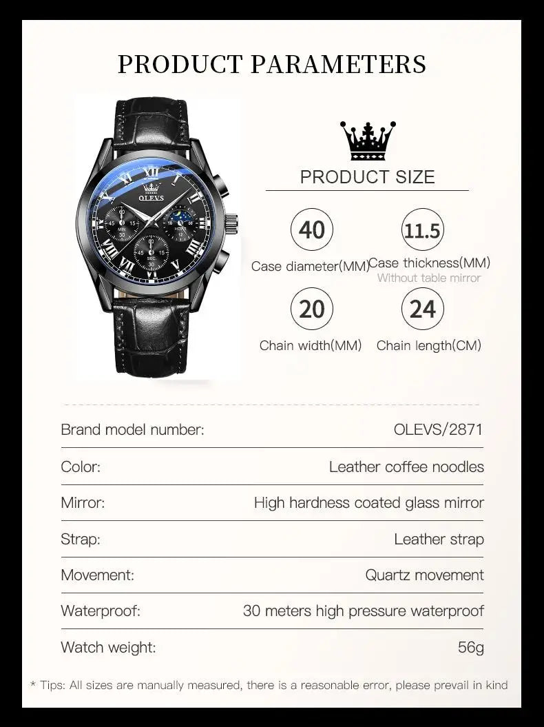 Leather Quartz Watch – Waterproof Noctilucent Timepiece for Business Men
