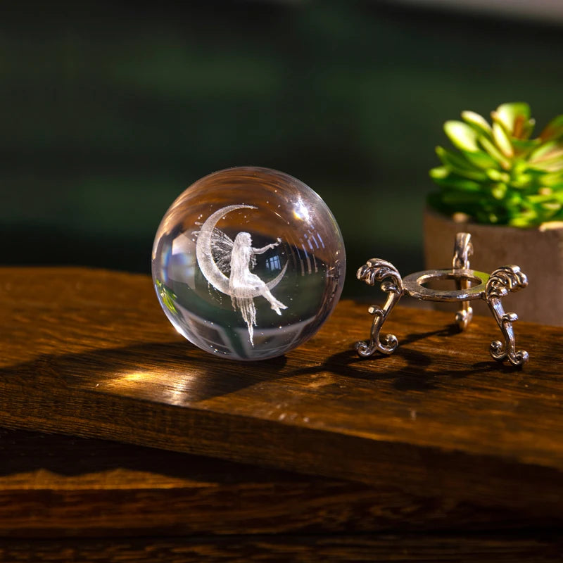 3D Laser Engraved Crystal Moon Fairy Ball – Decorative Figurine for Home