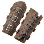 Brown faux leather steampunk arm bracers with metal buckles and lace-up design