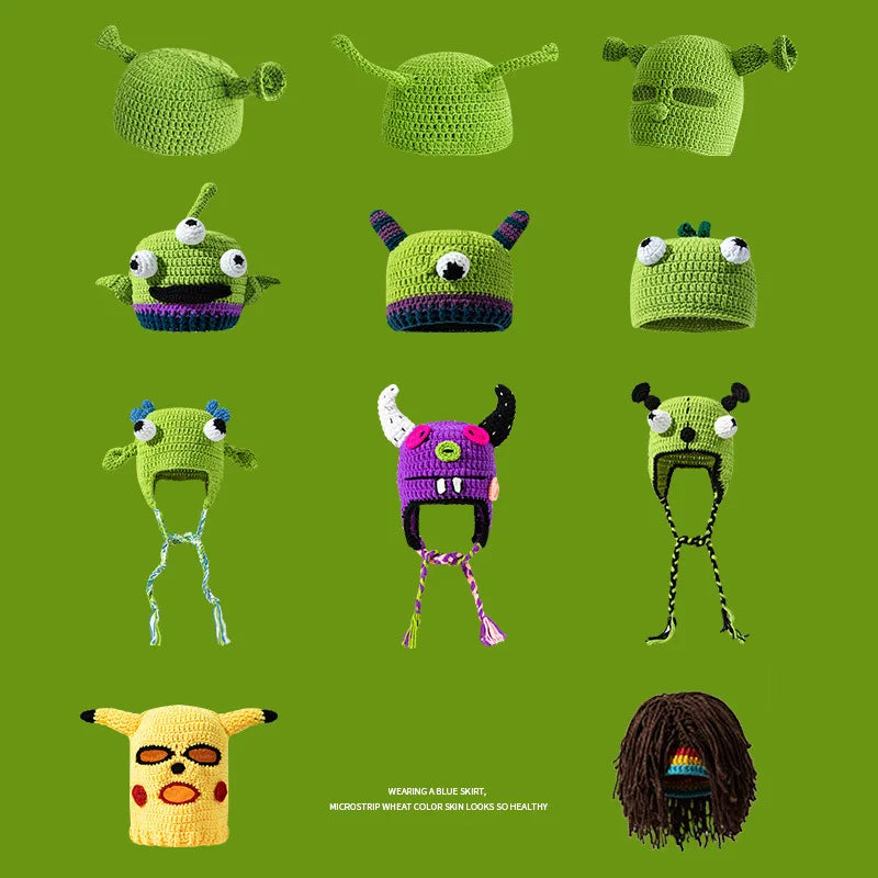 Knitted Monster Balaclava – Green Devil Hat for Halloween Cosplay Costume